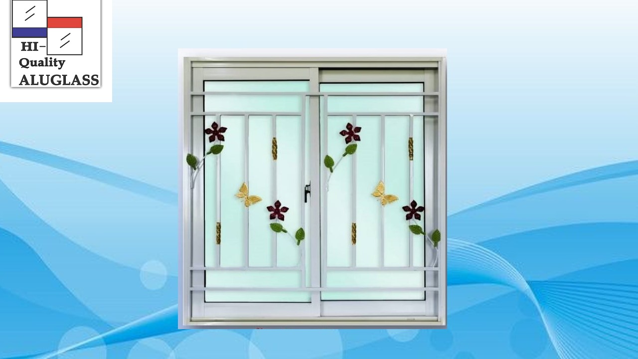 หน้าต่างมิเนียม 110 x 120 cm (HI-Q) 2 ช่อง-ขาว-มุ้ง-ดอกไม้แดงผีเสื้อ